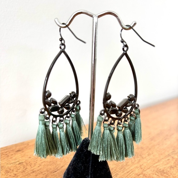 Anthropologie Teardrop Earrings with Gems and Green Tassels - Picture 4 of 4